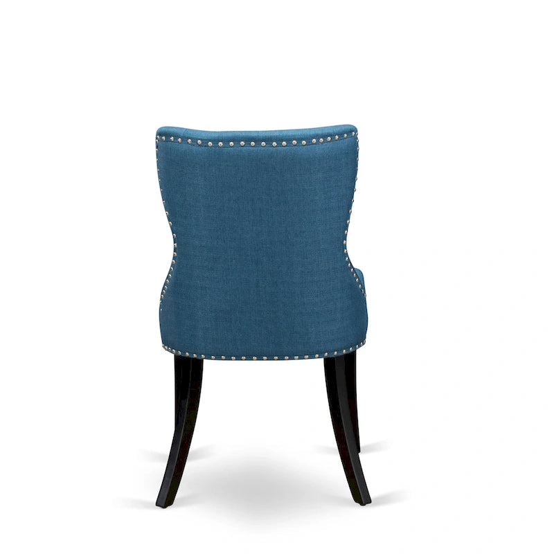 East West Furniture Ensemble de table de cuisine - une table à manger ronde et des chaises Parson en tissu de lin bleu, noir (options de pièces)