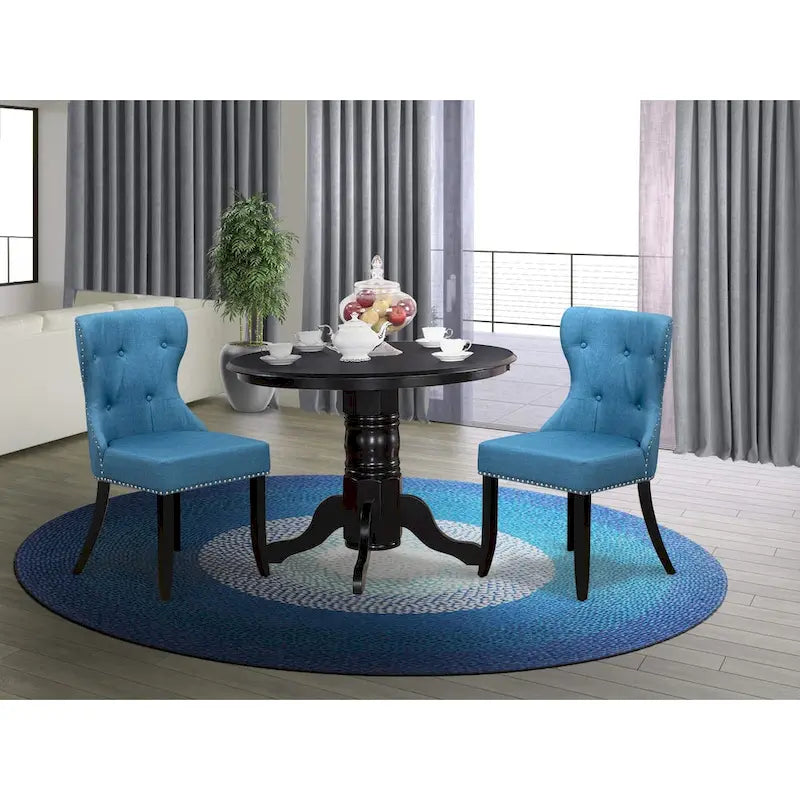 East West Furniture Ensemble de table de cuisine - une table à manger ronde et des chaises Parson en tissu de lin bleu, noir (options de pièces)