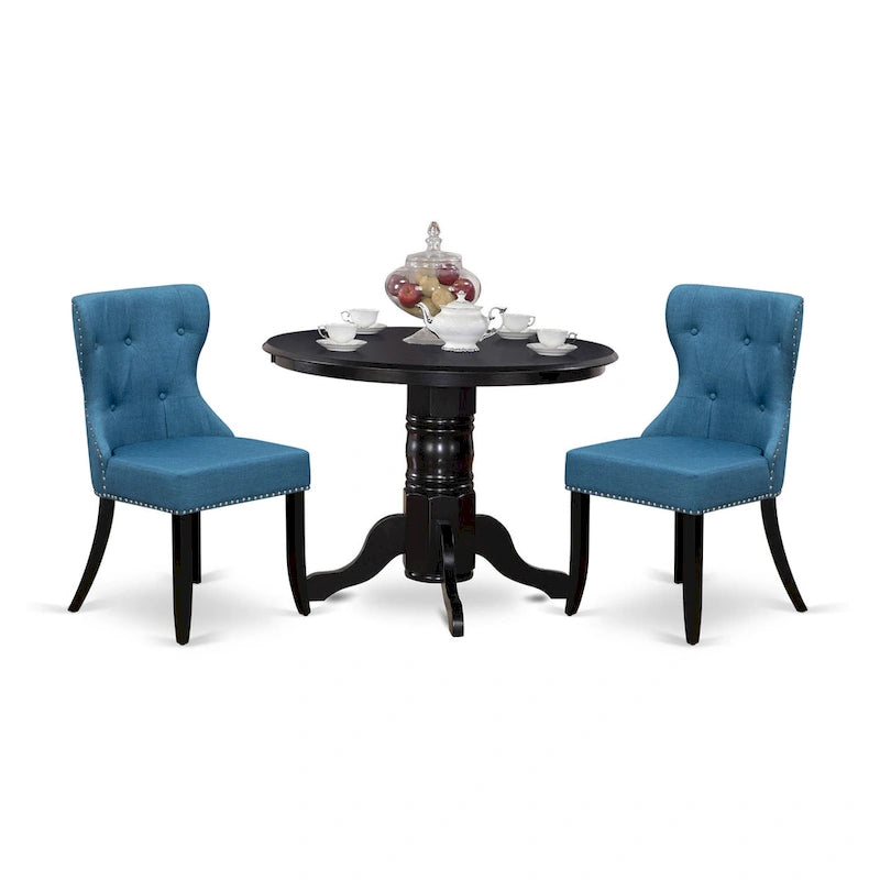 East West Furniture Ensemble de table de cuisine - une table à manger ronde et des chaises Parson en tissu de lin bleu, noir (options de pièces)