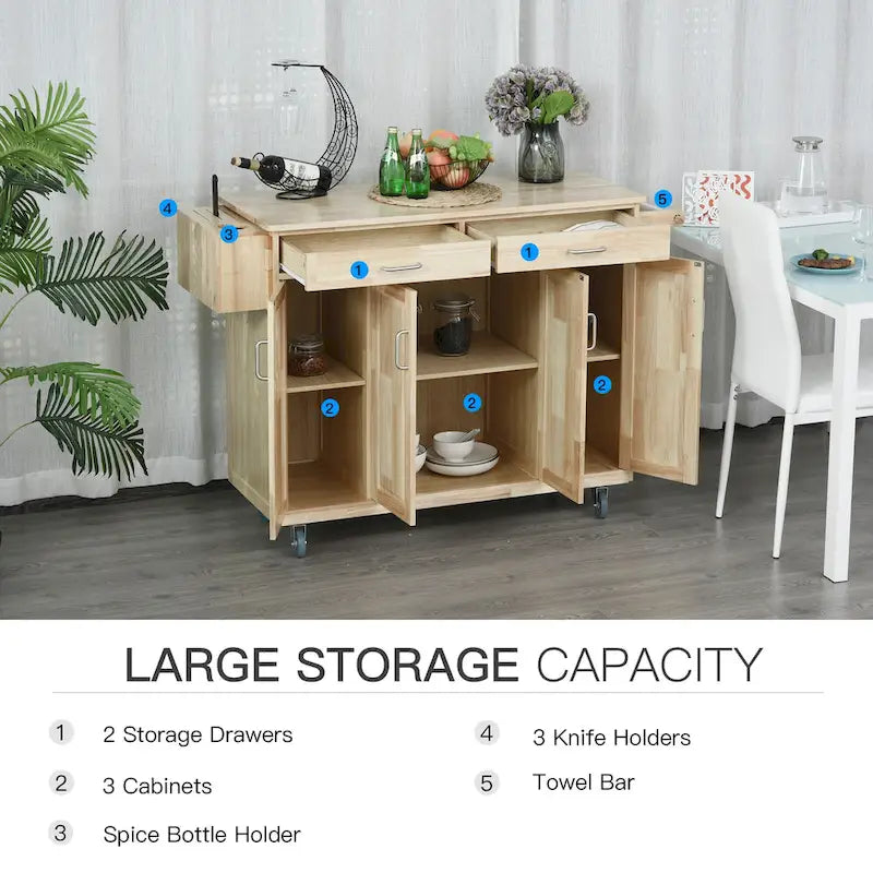 HOMCOM Chariot de cuisine en bois avec tiroirs, armoires et porte-serviettes pour salle à manger
