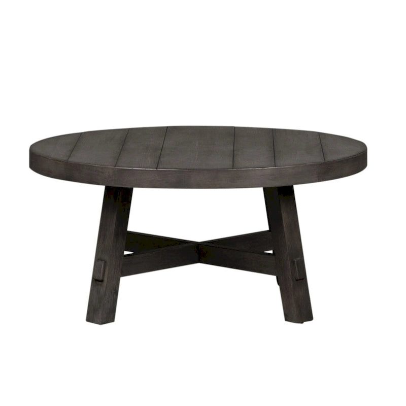 Table Basse Ronde à Pieds Évasés Vieillie Charbon de Bois, Style Ferme Moderne
