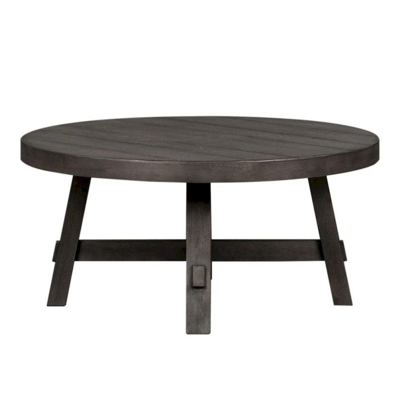 Table Basse Ronde à Pieds Évasés Vieillie Charbon de Bois, Style Ferme Moderne