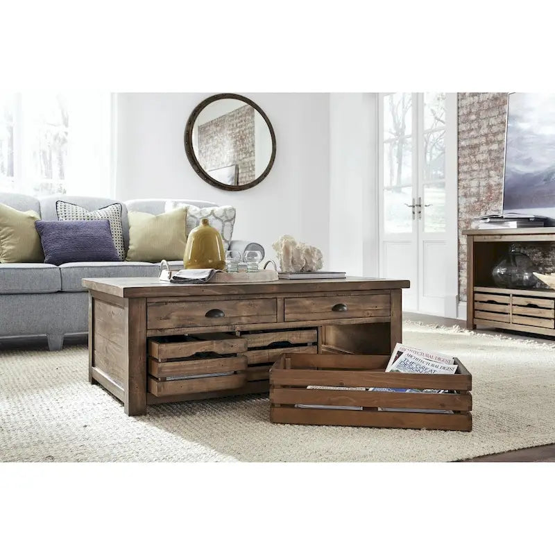 Table basse relevable avec rangement et roulettes Stratton en muscade rustique et chaleureuse
