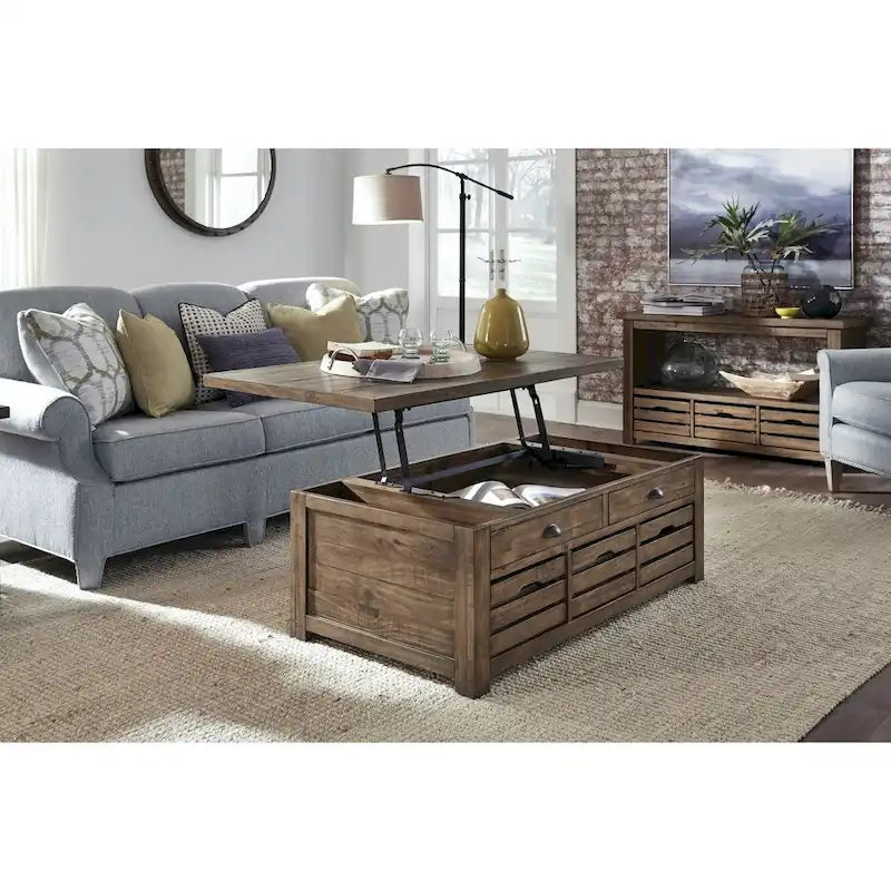 Table basse relevable avec rangement et roulettes Stratton en muscade rustique et chaleureuse