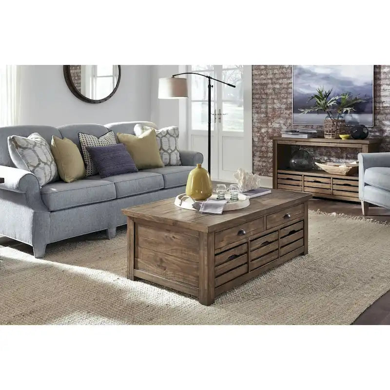 Table basse relevable avec rangement et roulettes Stratton en muscade rustique et chaleureuse