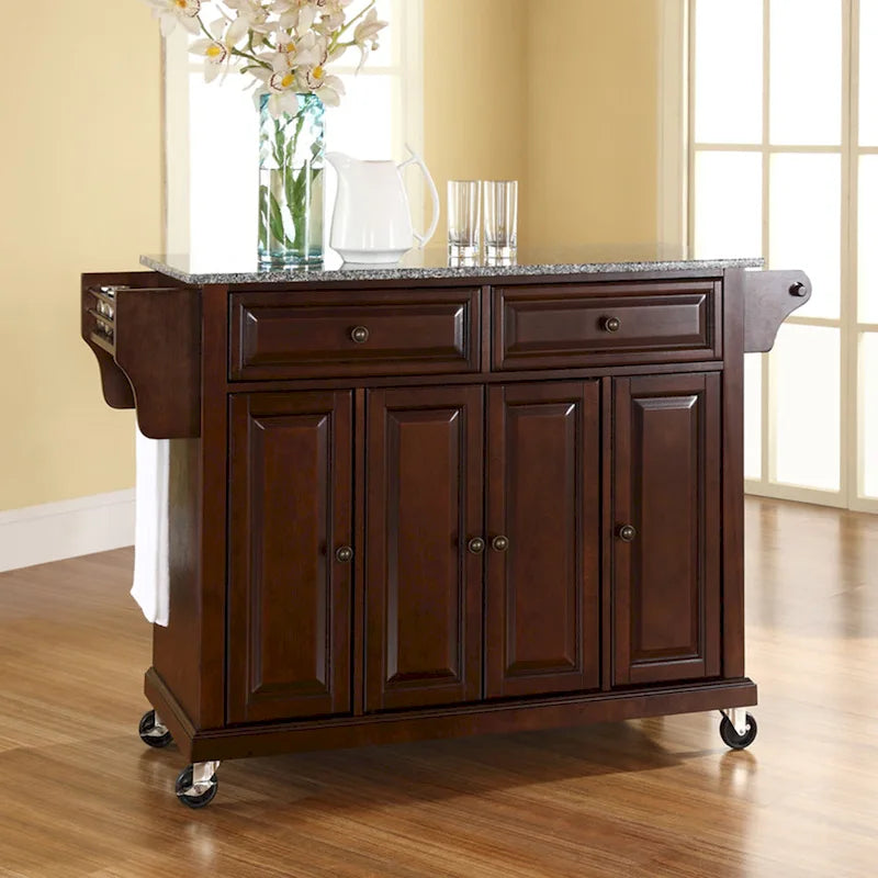 Crosley Full Size Granite Top Vintage Mahogany Kitchen Cart - 18d x 51.5w x 36h