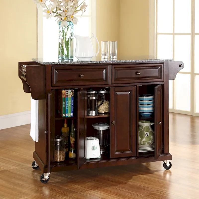 Crosley Desserte de cuisine vintage en acajou avec dessus en granit, pleine grandeur - 18p x 51,5L x 36H