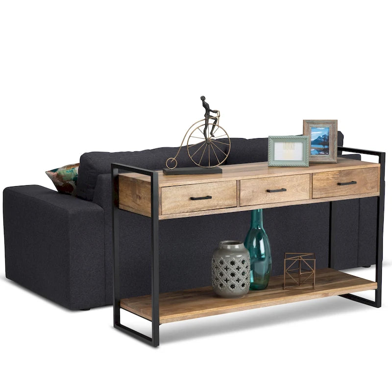 WYNDENHALL Lawson, table console/de canapé moderne et industrielle en BOIS DE MANGUIER MASSIF et métal, 137 cm de large, couleur naturelle - 140 L x 41 P x 81 H cm