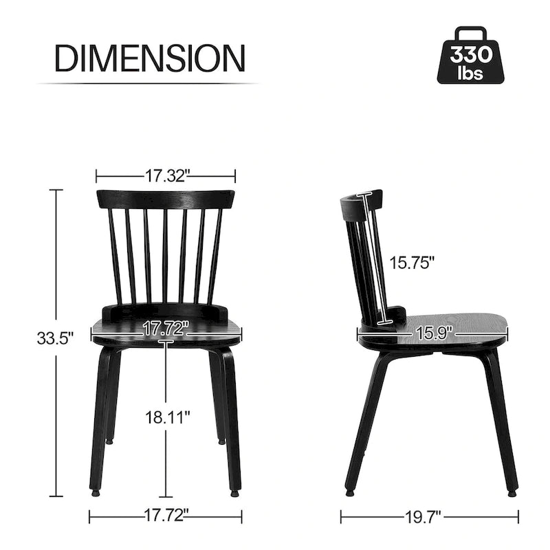 Chaises de salle à manger Windsor à dossier à barreaux de ferme avec pieds en bois courbé, noir - 33,5 H x 17,72 L x 19,7 P