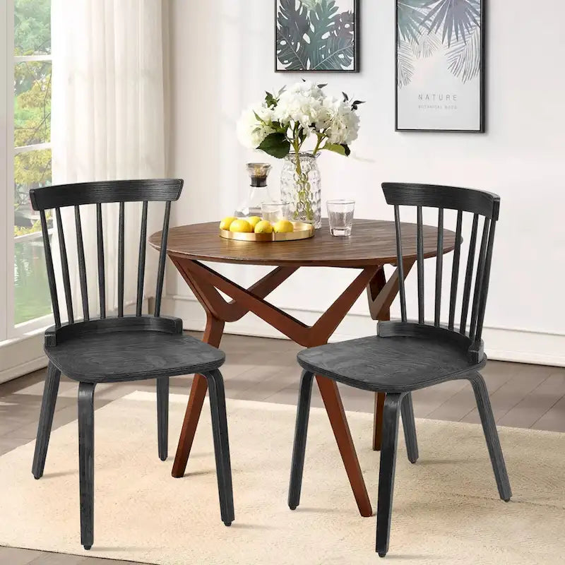 Chaises de salle à manger Windsor à dossier à barreaux de ferme avec pieds en bois courbé, noir - 33,5 H x 17,72 L x 19,7 P