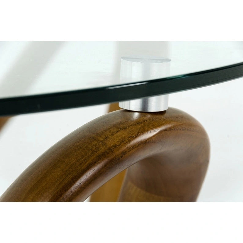 HomeRoots Table basse ronde abstraite en bois, noyer et verre transparent, 45 x 45 x 15