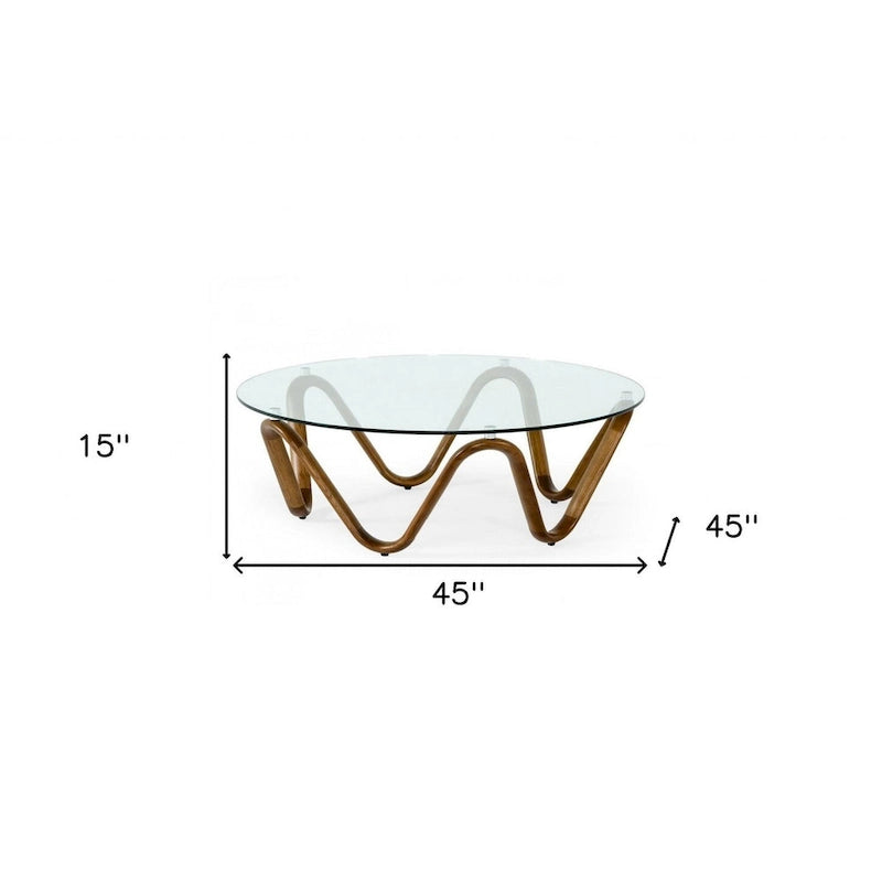 HomeRoots Table basse ronde abstraite en bois, noyer et verre transparent, 45 x 45 x 15