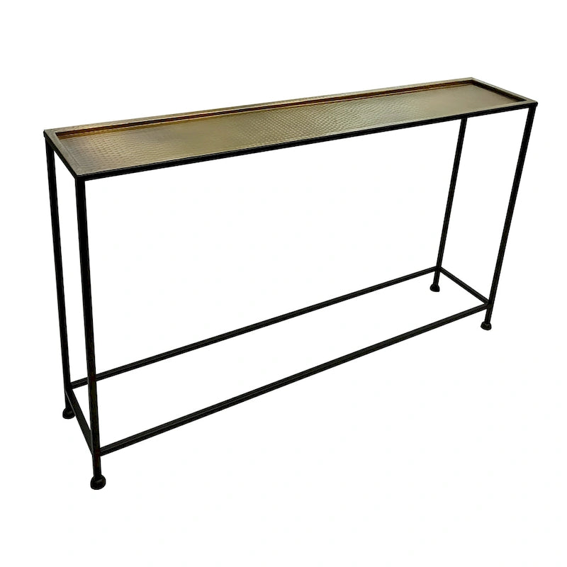 Console et table basse Aurélia 48 po, plateau martelé artisanal en bronze antique, cadre en fer noir industriel