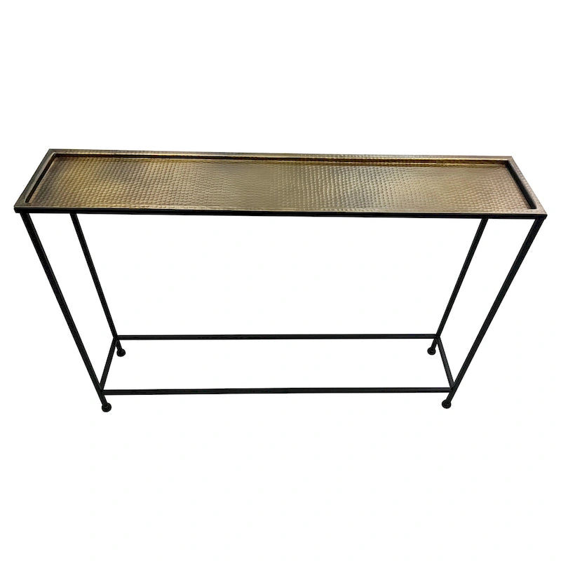 Console et table basse Aurélia 48 po, plateau martelé artisanal en bronze antique, cadre en fer noir industriel