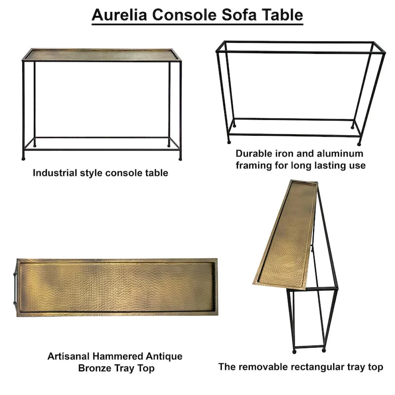 Console et table basse Aurélia 48 po, plateau martelé artisanal en bronze antique, cadre en fer noir industriel