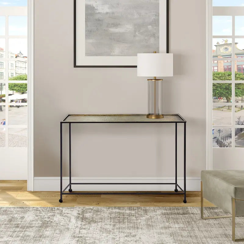 Console et table basse Aurélia 48 po, plateau martelé artisanal en bronze antique, cadre en fer noir industriel
