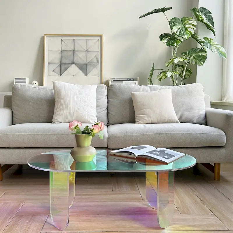 Table basse colorée en acrylique, Table d'appoint en verre irisé - 38x20x15