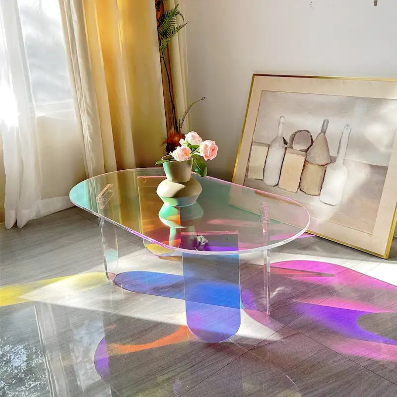 Table basse colorée en acrylique, Table d'appoint en verre irisé - 38x20x15