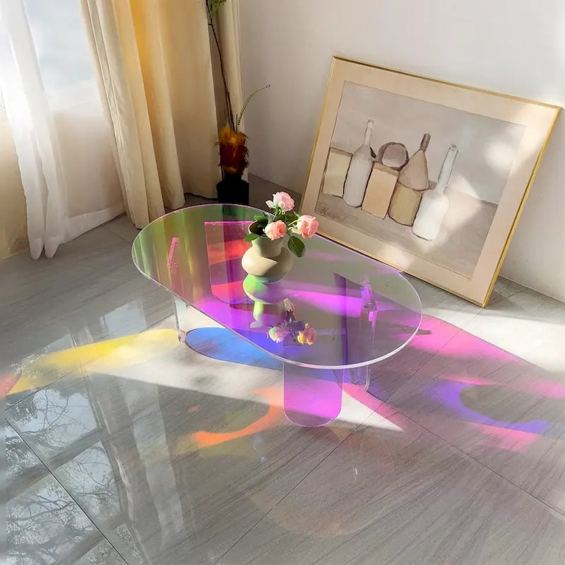 Table basse colorée en acrylique, Table d'appoint en verre irisé - 38x20x15