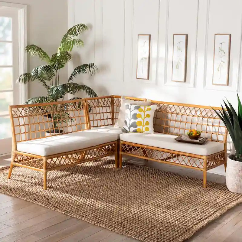 Banquette d'angle Capella Modern Bohemian Honey Rattan 3 pièces pour coin repas