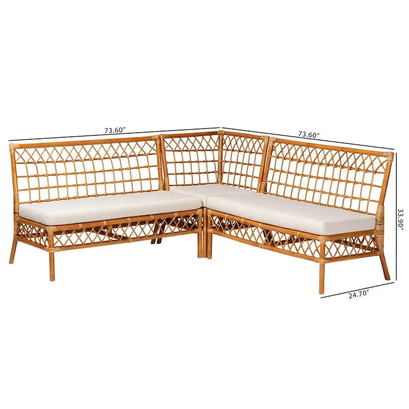 Banquette d'angle Capella Modern Bohemian Honey Rattan 3 pièces pour coin repas