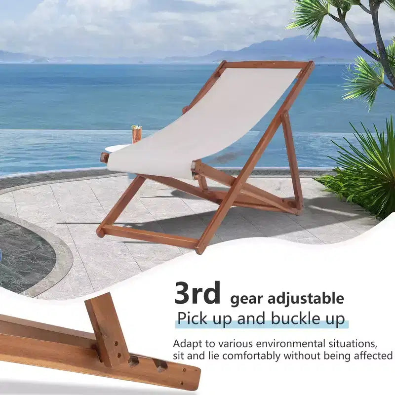 Chaise longue de plage FDW pour la détente, pliable avec hauteur réglable en bois d'eucalyptus avec polyester blanc