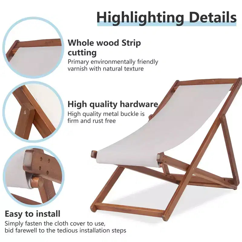 Chaise longue de plage FDW pour la détente, pliable avec hauteur réglable en bois d'eucalyptus avec polyester blanc