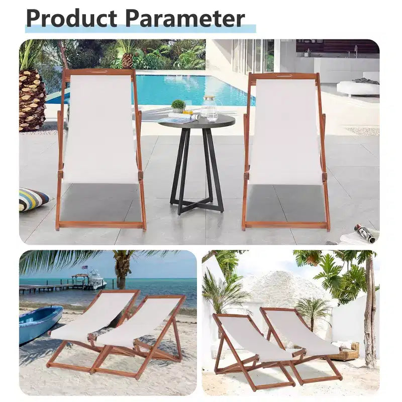 Chaise longue de plage FDW pour la détente, pliable avec hauteur réglable en bois d'eucalyptus avec polyester blanc