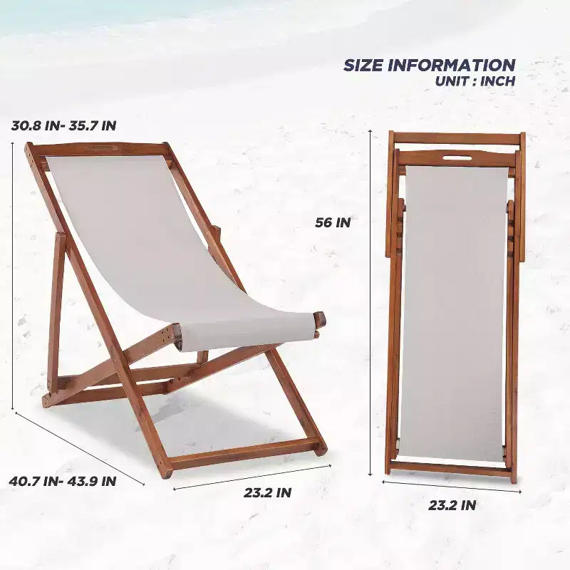 Chaise longue de plage FDW pour la détente, pliable avec hauteur réglable en bois d'eucalyptus avec polyester blanc