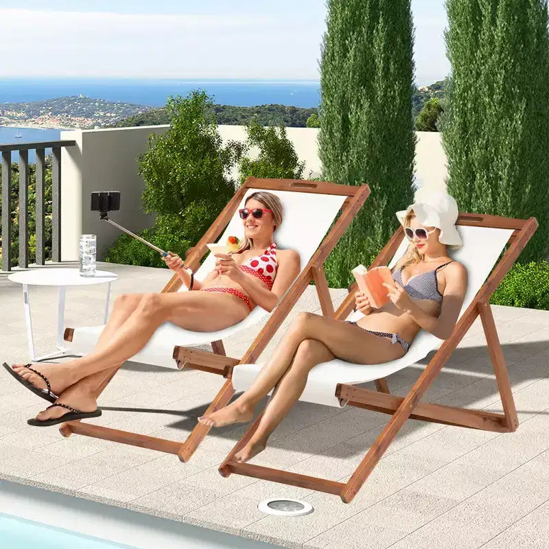Chaise longue de plage FDW pour la détente, pliable avec hauteur réglable en bois d'eucalyptus avec polyester blanc