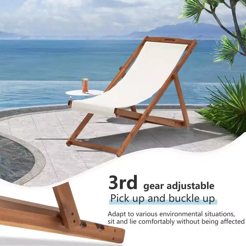 Chaise longue de plage FDW pour la détente, pliable avec hauteur réglable en bois d'eucalyptus avec polyester blanc