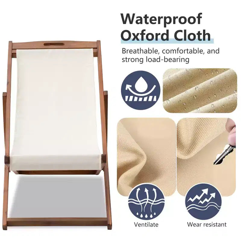 Chaise longue de plage FDW pour la détente, pliable avec hauteur réglable en bois d'eucalyptus avec polyester blanc