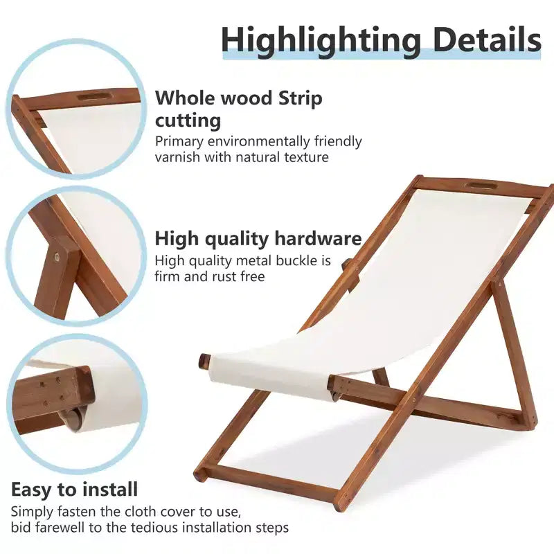 Chaise longue de plage FDW pour la détente, pliable avec hauteur réglable en bois d'eucalyptus avec polyester blanc