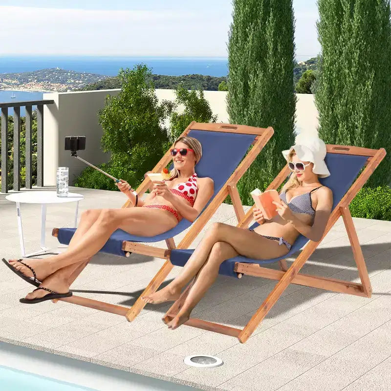 Chaise longue de plage FDW pour la détente, pliable avec hauteur réglable en bois d'eucalyptus avec polyester blanc