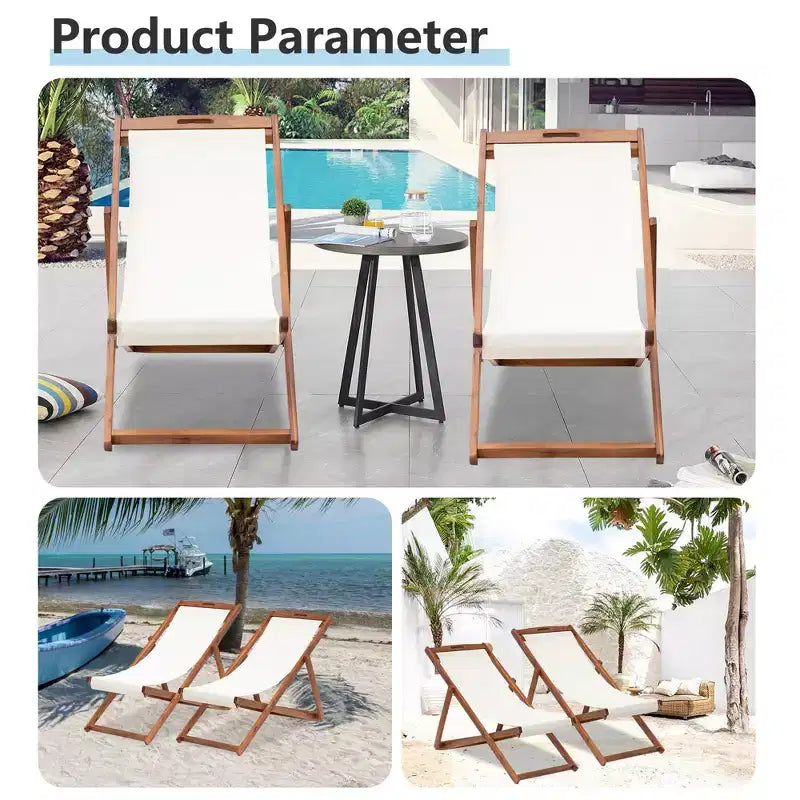 Chaise longue de plage FDW pour la détente, pliable avec hauteur réglable en bois d'eucalyptus avec polyester blanc