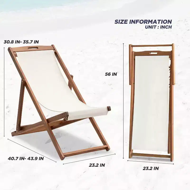 Chaise longue de plage FDW pour la détente, pliable avec hauteur réglable en bois d'eucalyptus avec polyester blanc