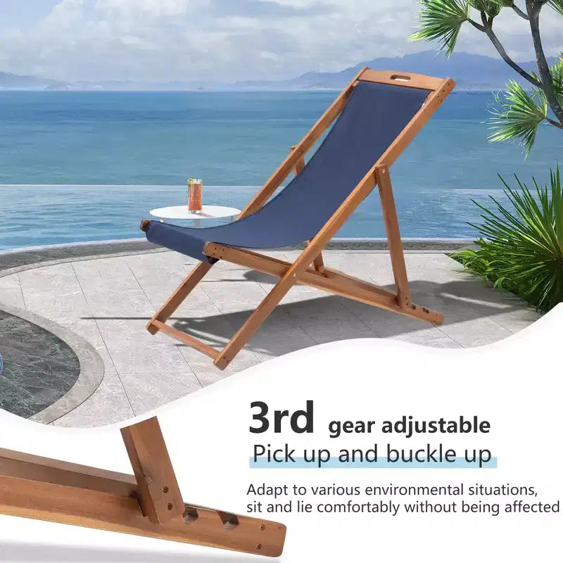 Chaise longue de plage FDW pour la détente, pliable avec hauteur réglable en bois d'eucalyptus avec polyester blanc