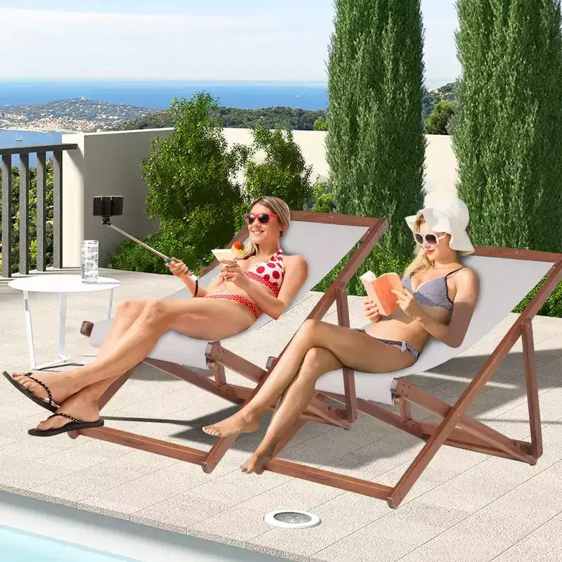 Chaise longue de plage FDW pour la détente, pliable avec hauteur réglable en bois d'eucalyptus avec polyester blanc