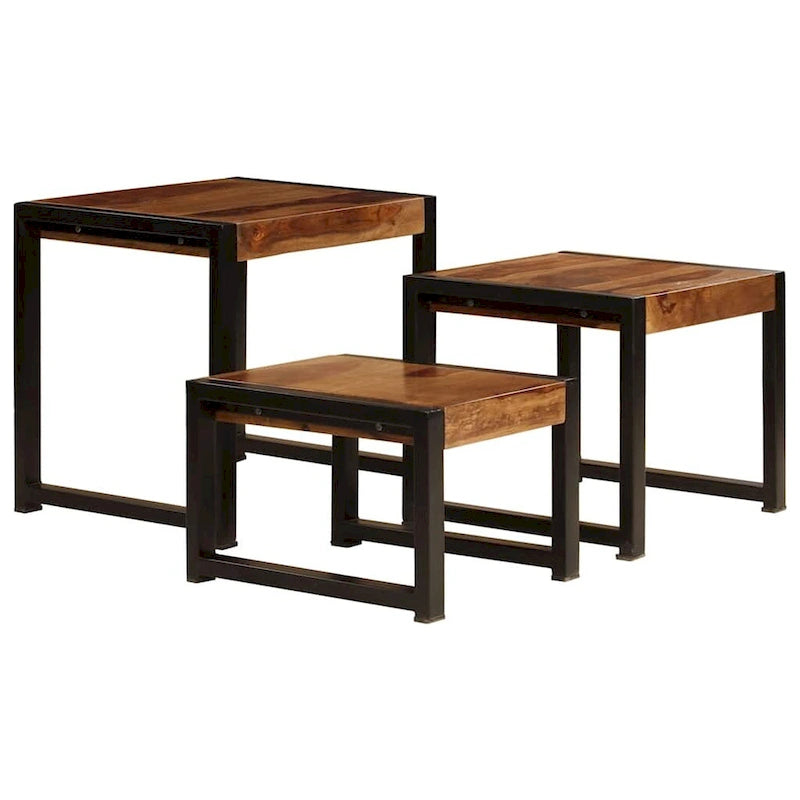 vidaXL Tables gigognes, 3 pcs, bois de Sesham, cadres en acier noir