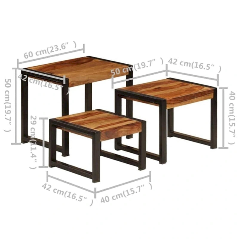 vidaXL Tables gigognes, 3 pcs, bois de Sesham, cadres en acier noir