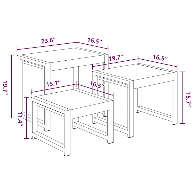 vidaXL Tables gigognes, 3 pcs, bois de Sesham, cadres en acier noir