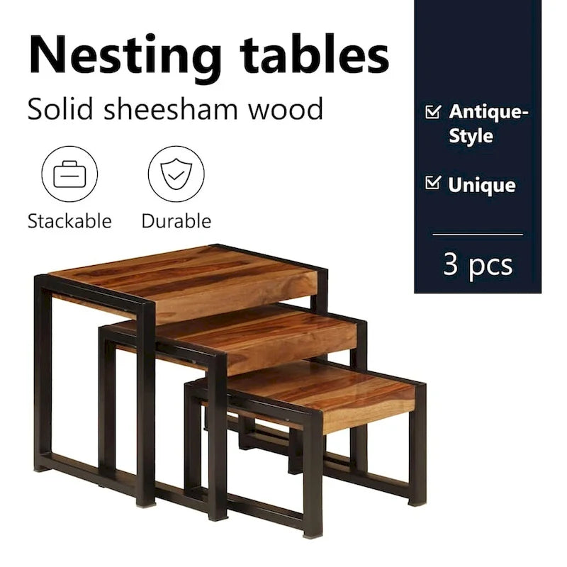 vidaXL Tables gigognes, 3 pcs, bois de Sesham, cadres en acier noir