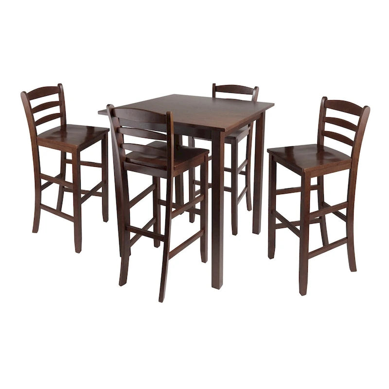 Table haute 5 pièces avec tabourets de bar à dossier échelle, Noyer