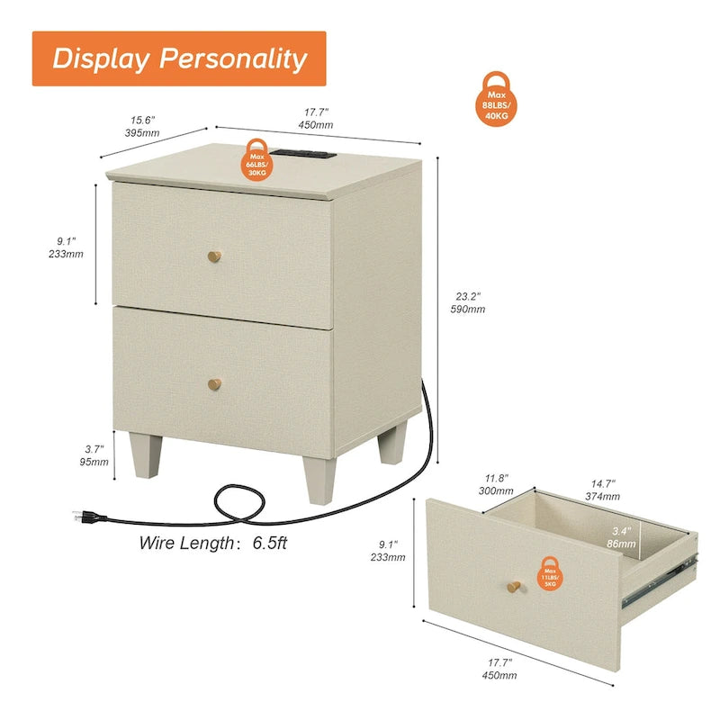 Table d'appoint WAMPAT avec station de charge et 2 tiroirs pour salon