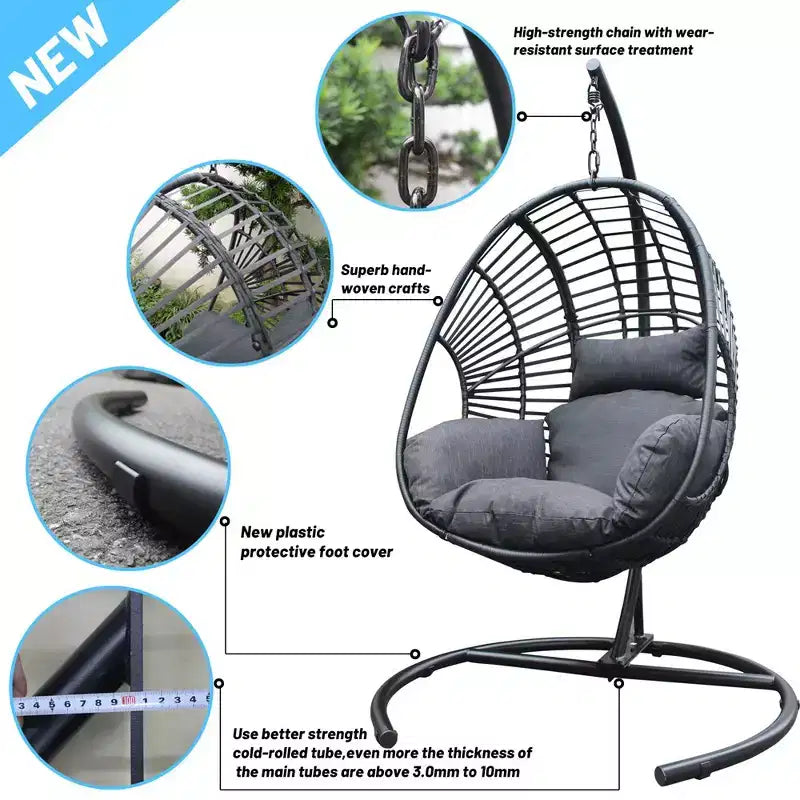 Fauteuil suspendu de jardin, Chaise œuf suspendue avec grand siège, coussin, large base, Balancelle œuf tressée à la main pour cour, jardin