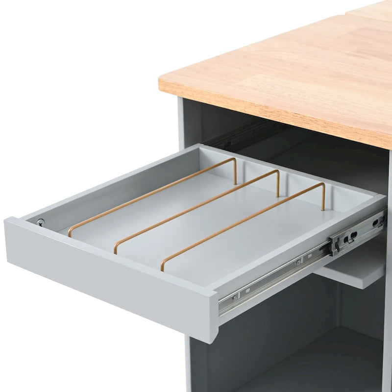 Îlot de cuisine avec surface à rabat, éclairage LED, portes en verre cannelé, étagère réglable, deux tiroirs et roulettes.
