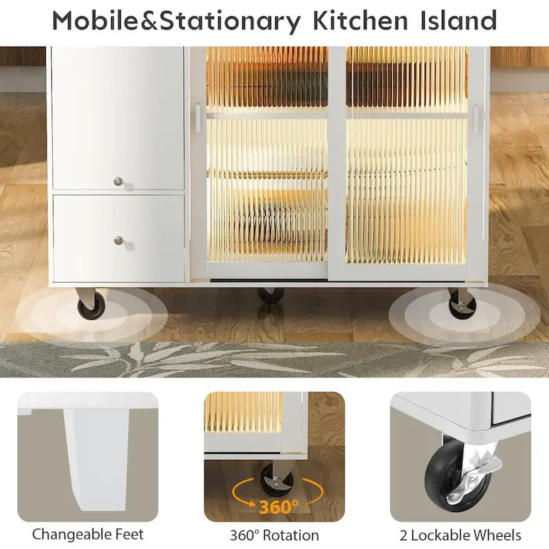 Îlot de cuisine avec surface à rabat, éclairage LED, portes en verre cannelé, étagère réglable, deux tiroirs et roulettes.