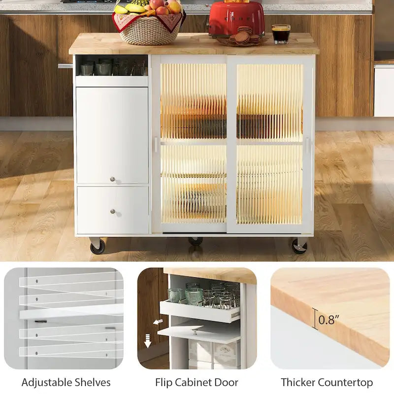 Îlot de cuisine avec surface à rabat, éclairage LED, portes en verre cannelé, étagère réglable, deux tiroirs et roulettes.