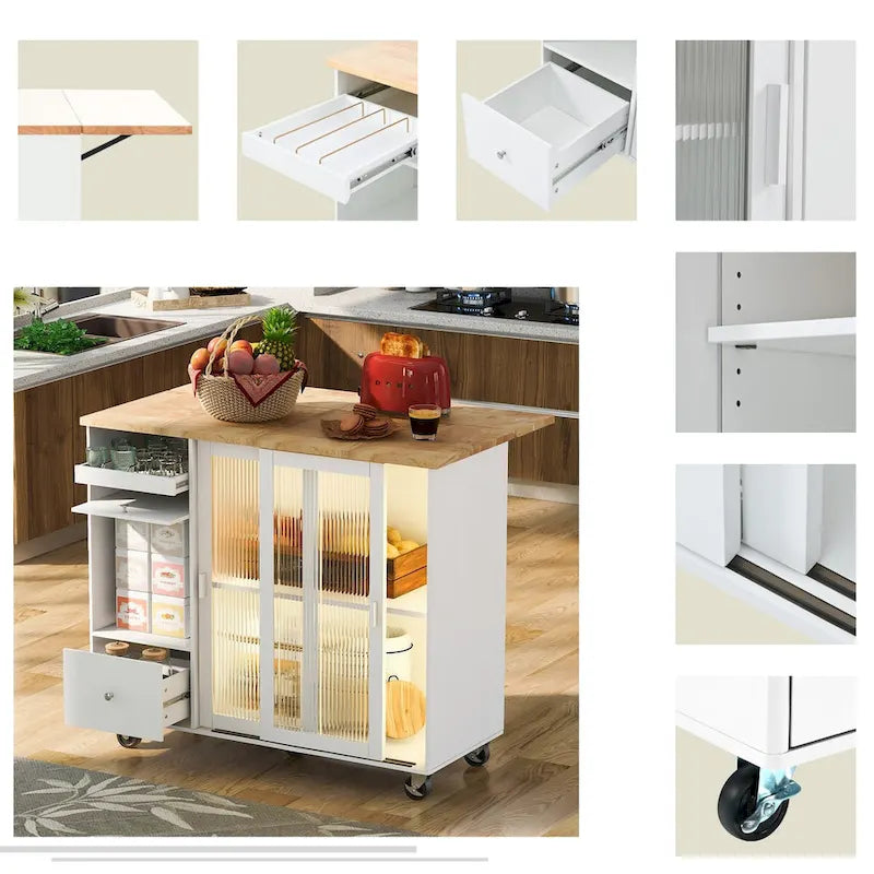Îlot de cuisine avec surface à rabat, éclairage LED, portes en verre cannelé, étagère réglable, deux tiroirs et roulettes.