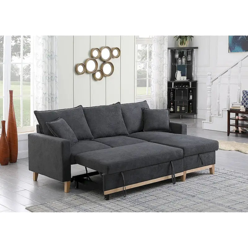 Canapé d'angle réversible convertible gris foncé en tissu tressé avec méridienne de rangement
